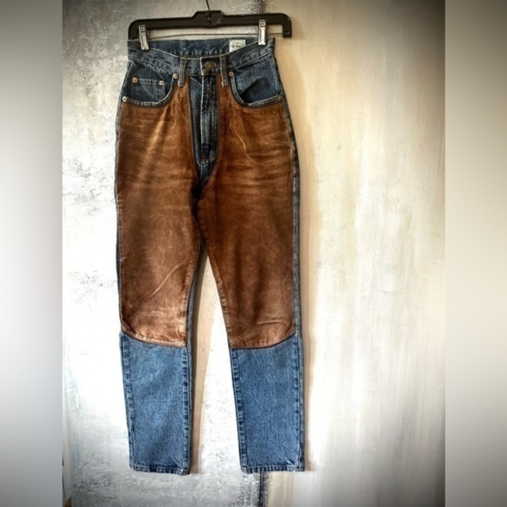 ET VOUS France High Rise Stove Top Brown Suede Patch Jeans EU 34 US XS